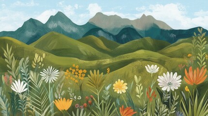 Obraz premium Vivid meadow blooms before hazy mountains under a bright whimsical sky