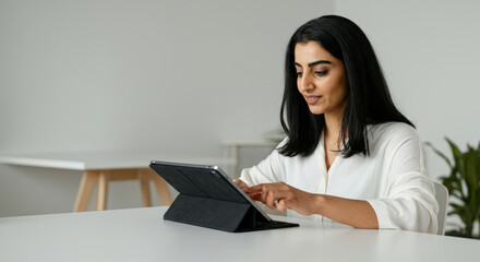 Young adult asian female using tablet in minimalist office setting