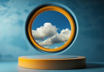 Circular Window View of Bright Blue Sky with Soft White Clouds