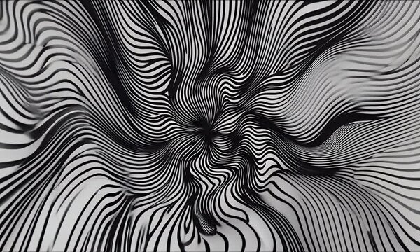 Black and white lines, abstract art background, vector graphics, flowing curves, 3D effects, psychedelic style, dark tones, intertwined light and shadow. High resolution, high detail,
