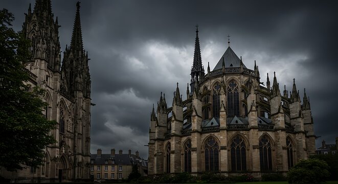 A dramatic shot of a gothic cathedral, with intricate stained glass windows and towering spires, under a moody sky