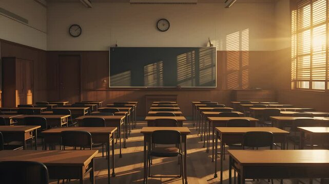 Rays of light falling to the empty classroom with chalkboard and rows of desks with chairs. Break at abandoned school disturbing mood. Slider shot 4k video footage