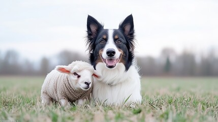 Fototapeta premium Dog and lamb in field