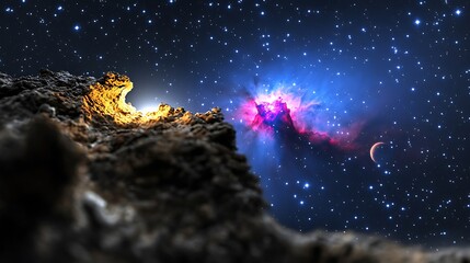 Fototapeta premium Cosmic Landscape with Stellar Nebula and Rocky Foreground Illuminated by Starlight