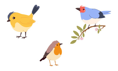 Cute birds in pastel colors, sitting on tree branches with leaves and flowers. Colorful spring design for kids, greeting cards, or educational materials.
