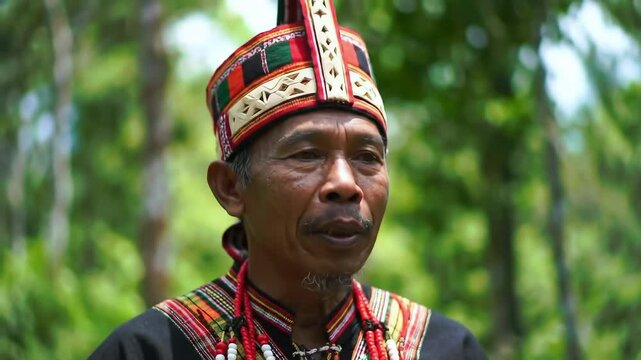 Elderly Indigenous Male in Traditional Attire, Captured in Lush Green Forest, Showcasing Cultural Heritage and Rich Environmental Context