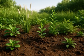 Various young green plants and grasses sprouting in moist forest soil, symbolizing biodiversity
