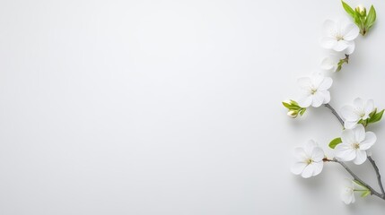 Delicate white blossoms on a slender branch with green leaves against a minimalist light background, and serene and elegant floral composition.