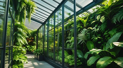 A beautiful green wall with tropical plants in a glass-walled space, blending nature and contemporary architecture for a refreshing and eco-friendly atmosphere.


