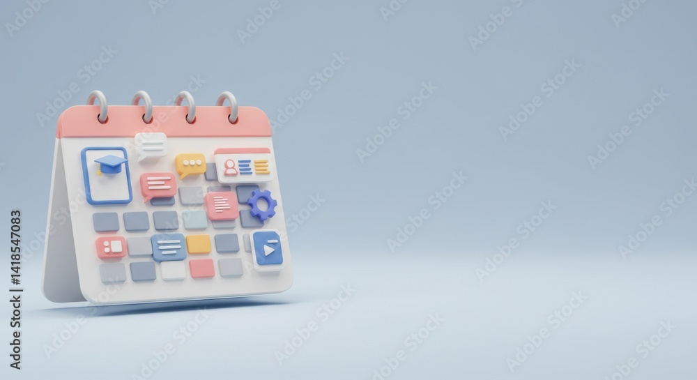 Poster 3d render of a digital calendar with icons representing scheduling, planning, and organization for e