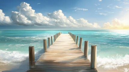 Fototapeta premium Serene Wooden Pier Overlooking Calm Ocean Under Blue Sky