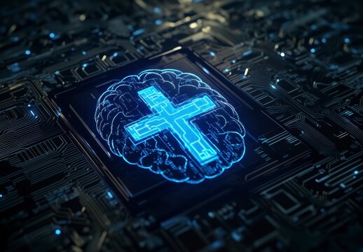 Digital Brain with Cross Symbol on Circuit Board Background