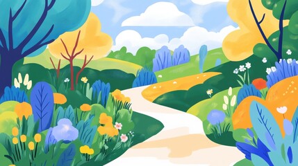 Whimsical trail meandering through colorful stylized flora