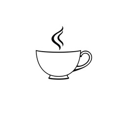 A geometric teacup logo a solid black silhouette vector icon of a teacup with rising steam, centrally positioned on a white background. 