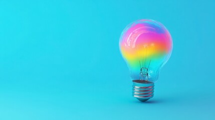 Colorful Light Bulb with Rainbow Design on Bright Blue Background