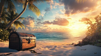 Obraz premium An Old Treasure Chest on a Beach Near the Ocean