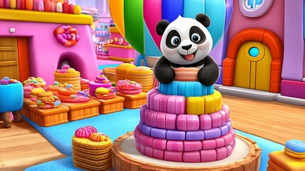Adorable panda stacks colorful treats in a whimsical bakery.