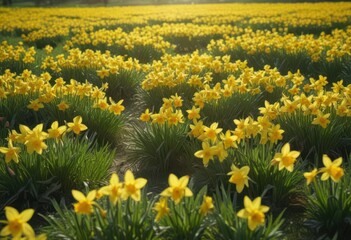 Obraz premium Sunlit daffodils burst forth in a vibrant yellow, creating a sea of color against a lush green field , sun, joyful