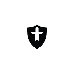 A minimalist black shield logo icon, vector style, isolated on a white background. Geometric shapes, clean lines, solid flat design, emphasizing balance and symmetry