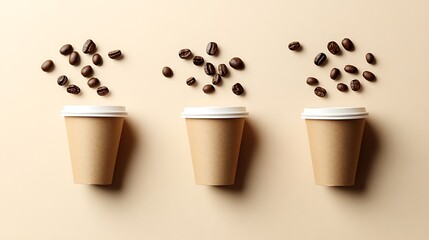 Three Cups Of Coffee With Coffee Beans Shown From Above
