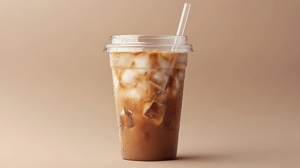 A transparent iced coffee drink with a lid and straw.