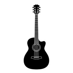 Obraz premium Acoustic Guitar Icon in Black Silhouette Vector Style with Neck, Sound Hole and Six Strings on White Background