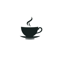 A minimalist logo a black silhouette of a teacup with steam, rendered in geometric shapes and clean lines against a white background