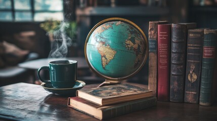 Cozy Reading Nook with Coffee, Globe, and Vintage Books