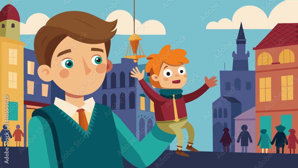 Poster a child holding a handmade puppet enraptured by the puppeteers performance in a bustling city square