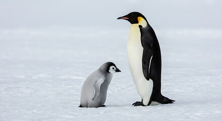Fototapeta premium Penguin Adult and Chick on Ice