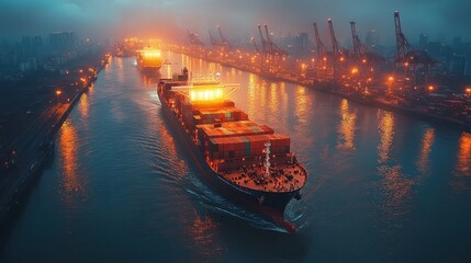 Fototapeta premium Nightfall at the Port: Container Ships Navigating Illuminated Waterways
