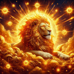 Naklejka premium Majestic Solar Lion: Celestial Fantasy Art, Mythical Creature, Golden Mane, Power, Energy, Spiritual, Divine, Cosmic, Mystical, Zodiac, Leo, Sun God, Fiery Clouds, Starry Night