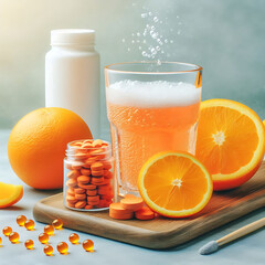 Orange fizzy powder and water glass with copy space. Healthy supplement. 