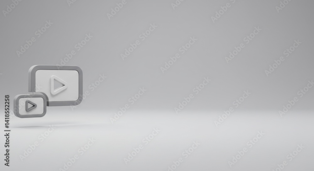 Poster minimalist 3d render of play buttons on white background: digital media concept