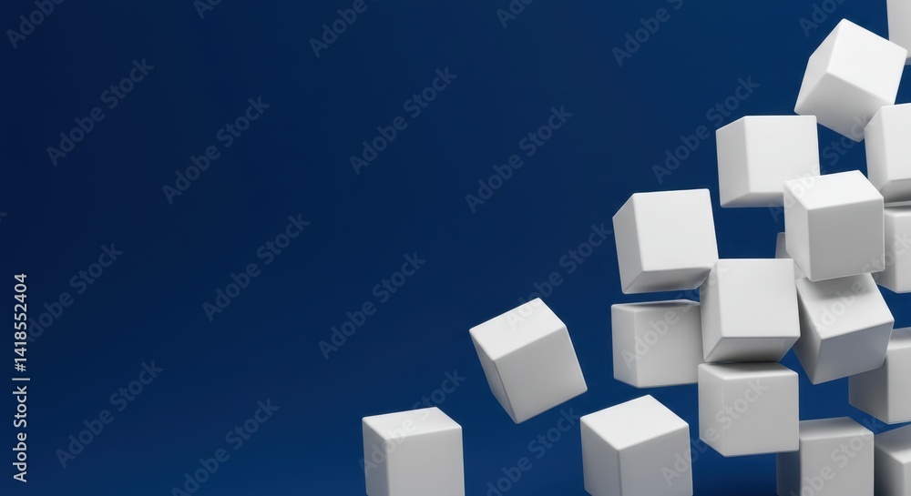 Aufkleber abstract 3d render: white cubes cascading on a deep blue background