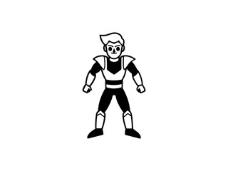 A bold, black and white illustration of a cartoon superhero. 