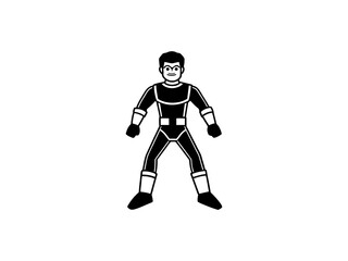 A bold, black and white illustration of a cartoon superhero. 