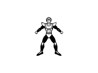 A bold, black and white illustration of a cartoon superhero. 