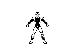 A bold, black and white illustration of a cartoon superhero. 