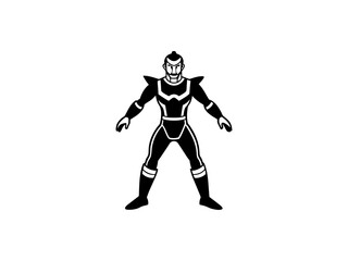 A bold, black and white illustration of a cartoon superhero. 