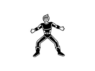 A bold, black and white illustration of a cartoon superhero. 