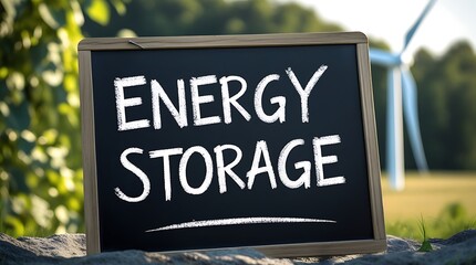 Energy storage concept with a chalkboard sign displaying "Energy Storage" in front of a wind turbine, symbolizing clean energy solutions, sustainability, and renewable power sources

