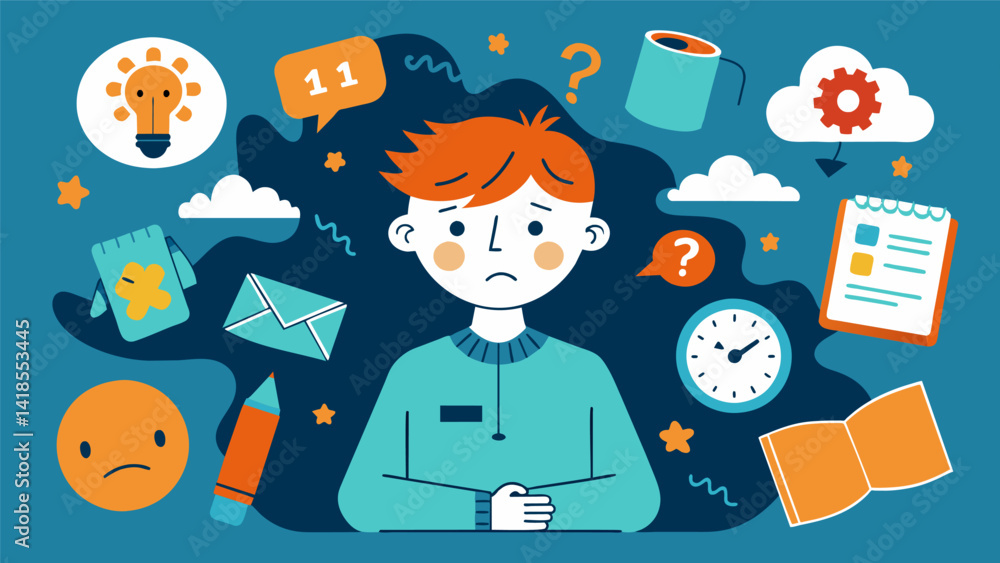 Poster A series of doodles showcasing a characters daily struggles with ADHD and how they use their creativity to manage and thrive.. Vector illustration