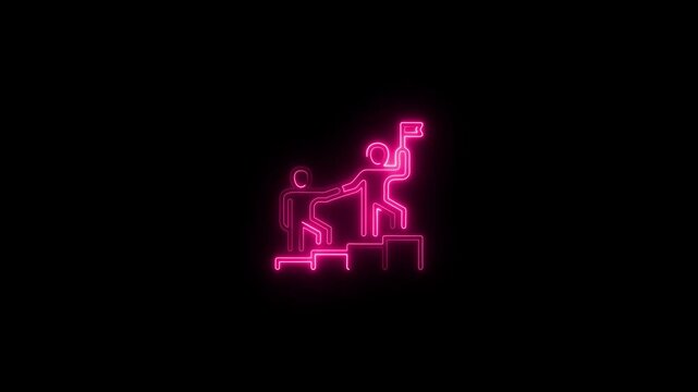 Business concept of victory, success, goal achiever, win, best worker, top employee and leadership. Consulting animated icon isolated on black background. Neon Glowing Teamwork and Leadership Icon