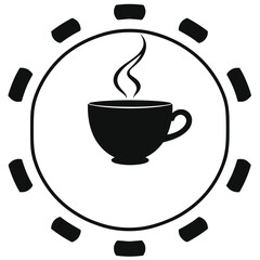 Clean lines and geometric shapes define a black silhouette teacup logo with steam, centrally positioned against a white background. The style is vector, focusing on balance and symmetry