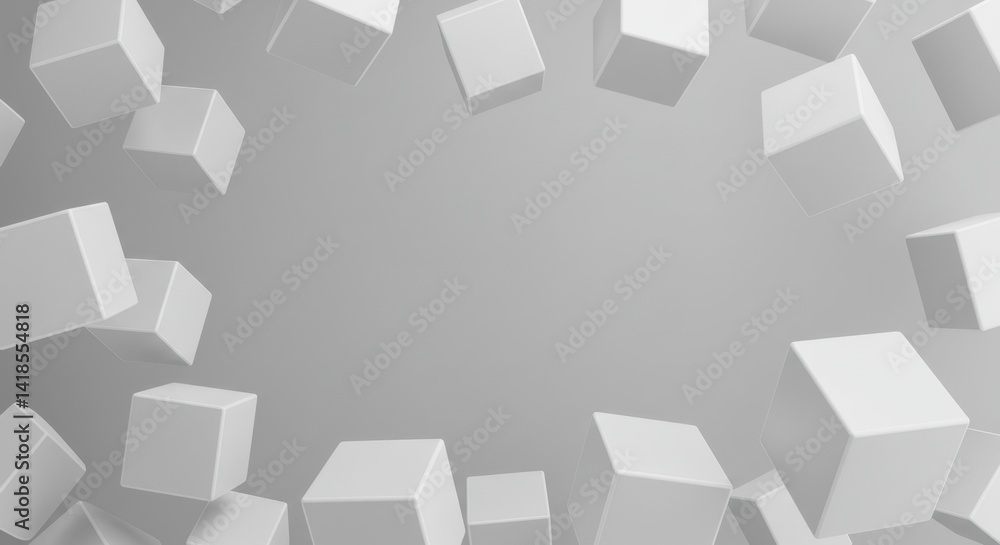 Poster abstract 3d rendering of white cubes floating in grey space: minimalist geometric design background