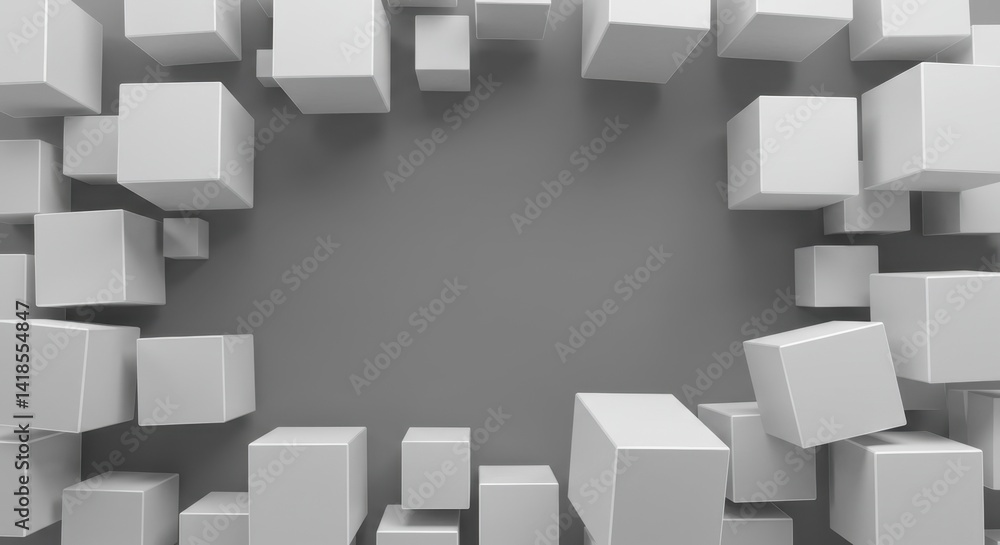 Poster abstract 3d rendering of white cubes forming a frame on grey background: minimalist geometric design