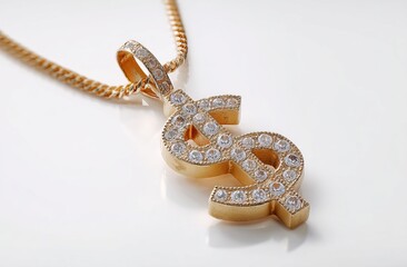 Naklejka premium Gold Dollar Sign Pendant Necklace with Sparkling Crystals: Luxurious Jewelry Design, Adorned with Gems, Shimmering Accessory