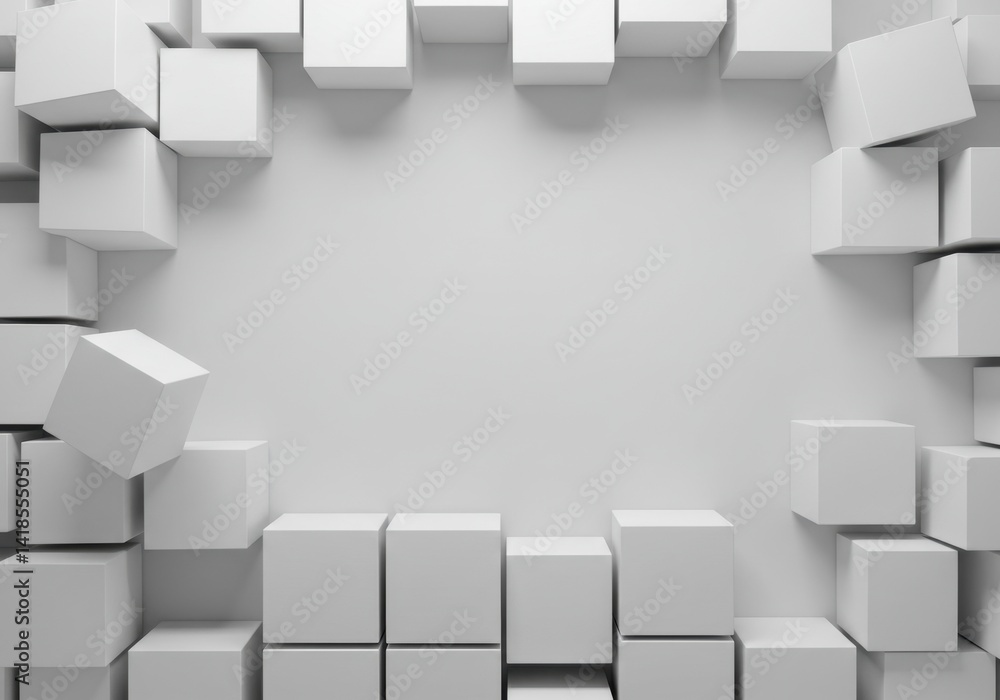 Poster abstract white cube composition: minimalist 3d render of geometric shapes creating a frame