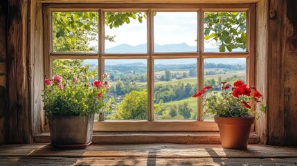 Scenic View from a Rustic Window Surrounded by Blooming Flowers